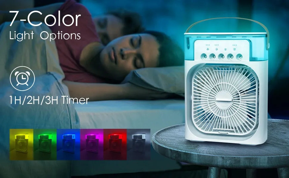 Portable Air Conditioner Fan – Mini Air Cooler with 7-Color LED, Timer, 3 Speeds & Spray Modes | Abbase & Sons