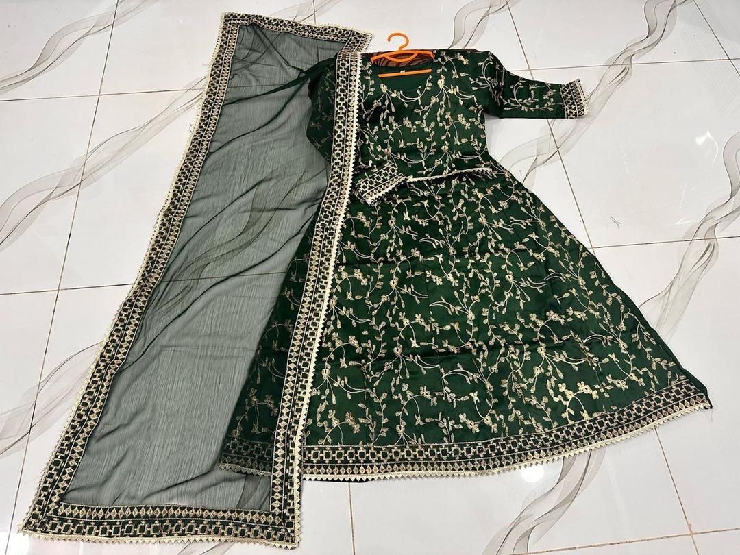 3 Pcs Girl's Silk Embroidered Shirt & Skirt Set with Organza Dupatta – Green (Ages 6–12 Years)