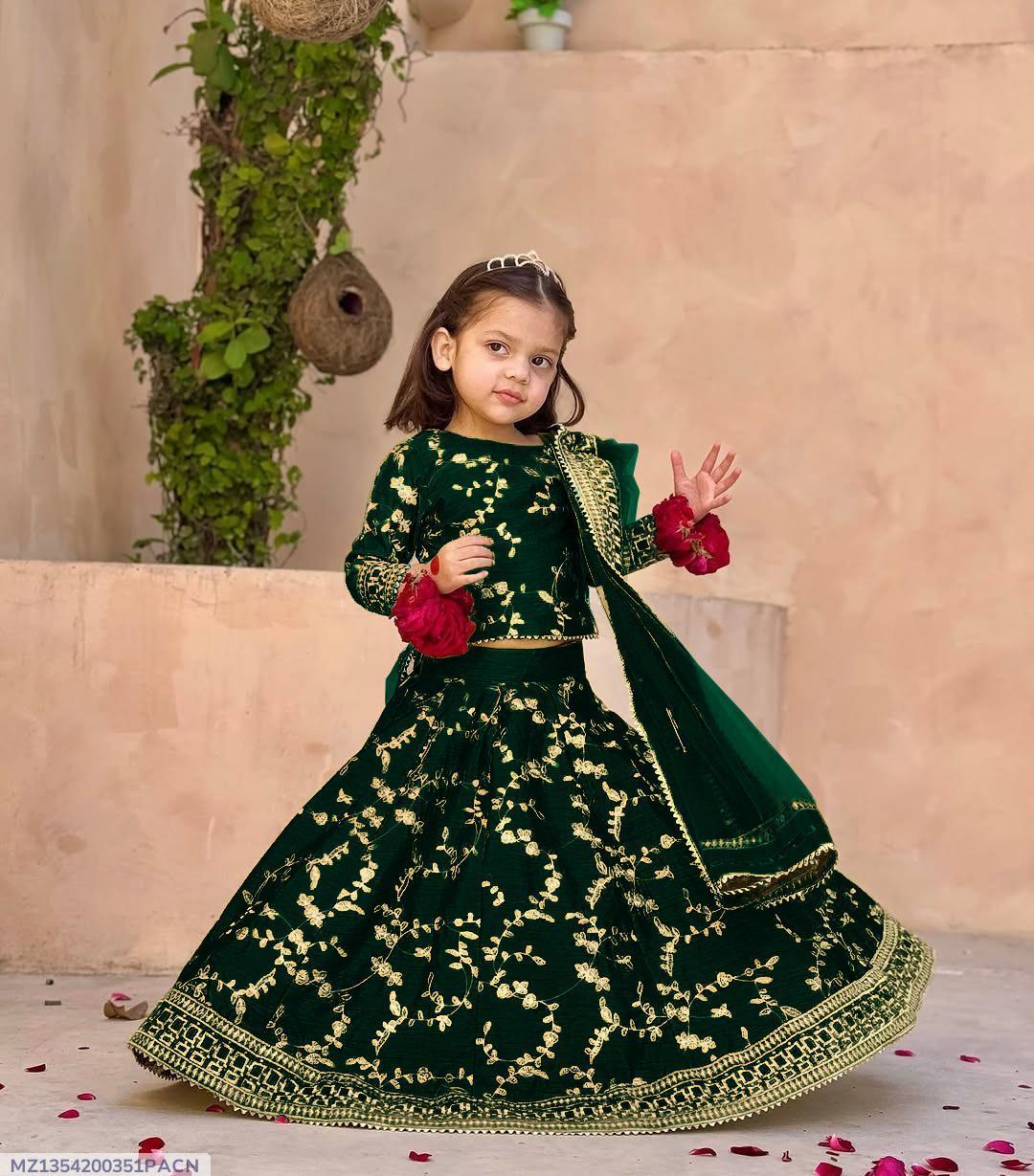 3 Pcs Girl's Silk Embroidered Shirt & Skirt Set with Organza Dupatta – Green (Ages 6–12 Years)