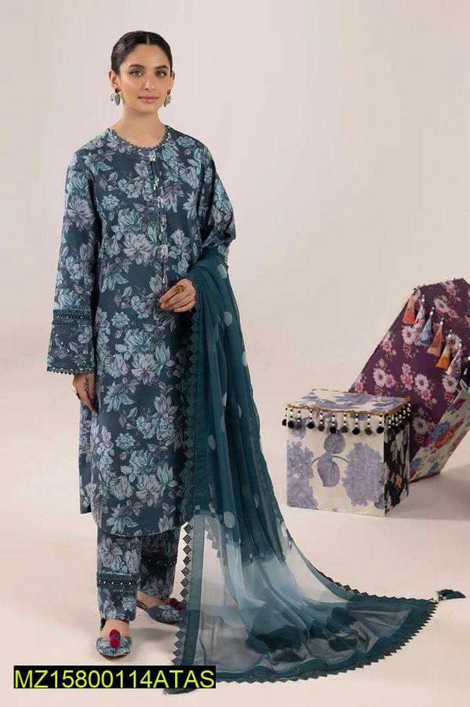 3 Pcs Women's Unstitched Lawn Printed Suit – Summer Collection 2025