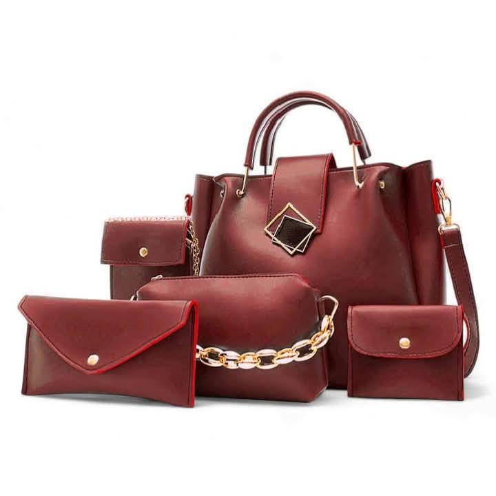 Women's 5 Pc Rexine Handbag Set β Plain Black Top Handle Bags