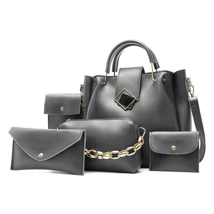 Women's 5 Pc Rexine Handbag Set β Plain Black Top Handle Bags