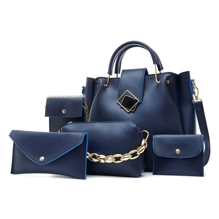 Women's 5 Pc Rexine Handbag Set β Plain Black Top Handle Bags