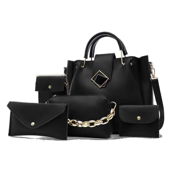 Women's 5 Pc Rexine Handbag Set β Plain Black Top Handle Bags