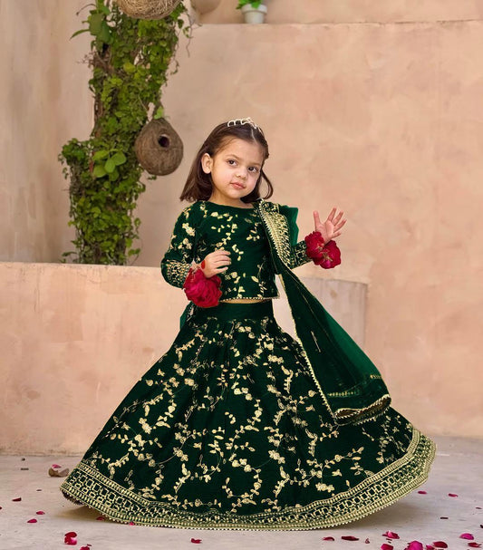 3 Pcs Girl's Silk Embroidered Shirt & Skirt Set with Organza Dupatta – Green (Ages 6–12 Years)