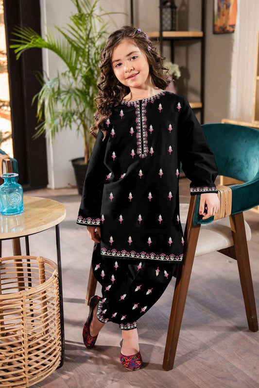 2 Pcs Girl's Black Embroidered Cotton Kurta & Tulip Trouser (Ages 7–12 Years)