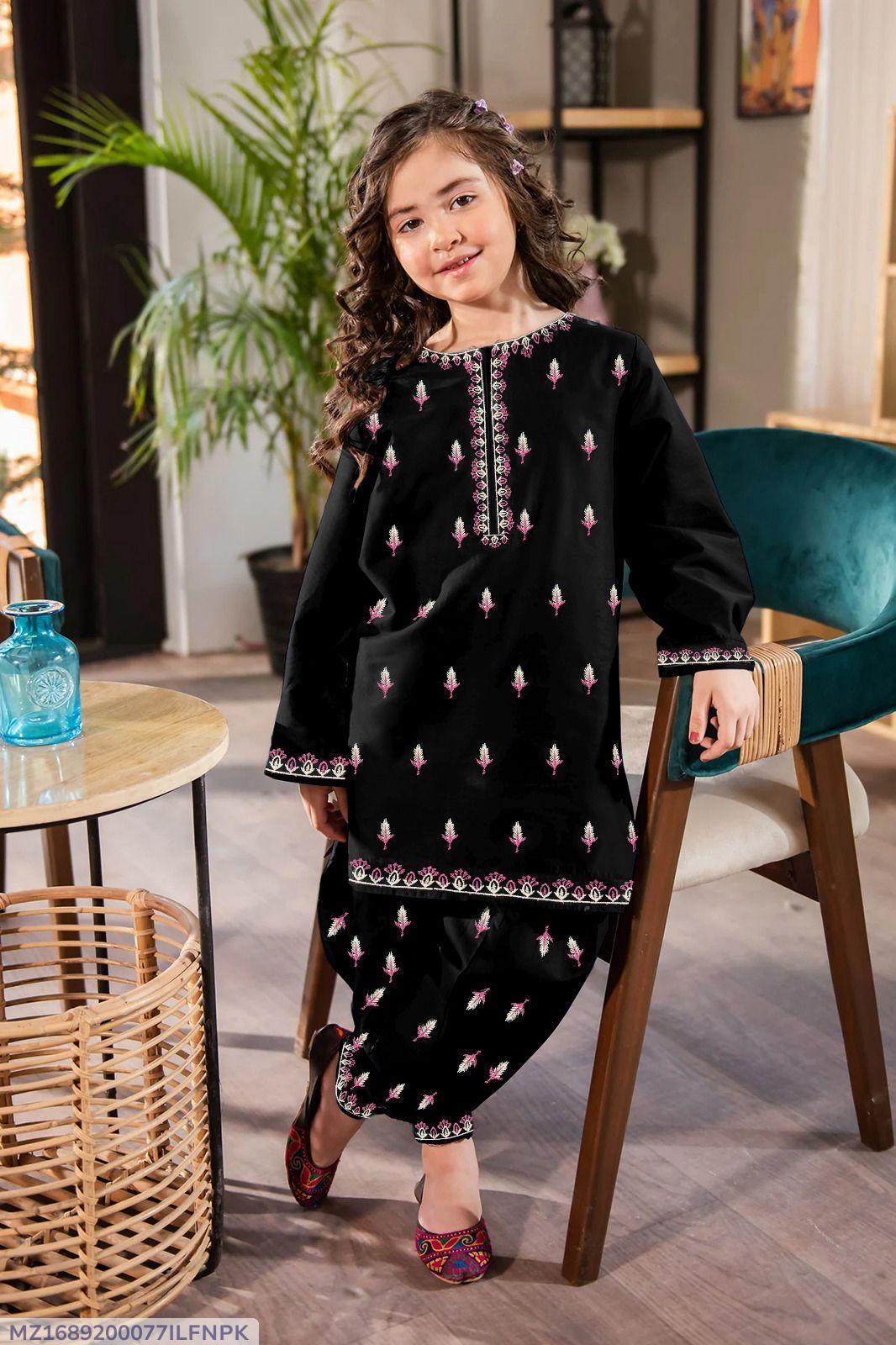2 Pcs Girl's Black Embroidered Cotton Kurta & Tulip Trouser (Ages 7–12 Years)