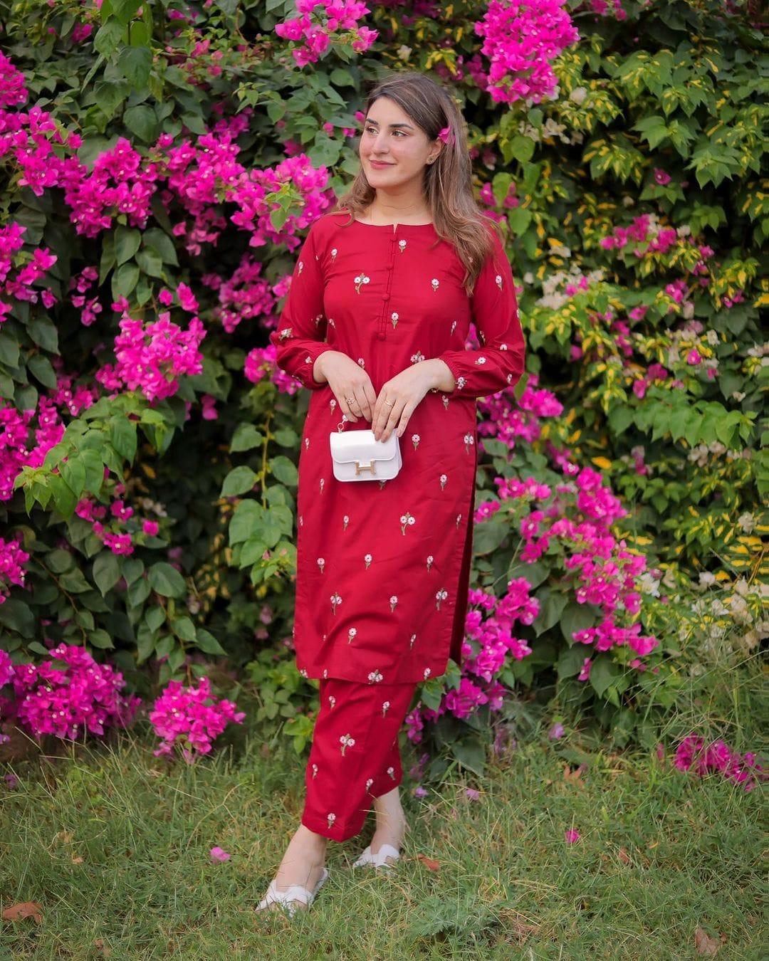 Red Embroidered 2-Piece Linen Suit for Women – Stitched Shirt & Trouser (S to XL)